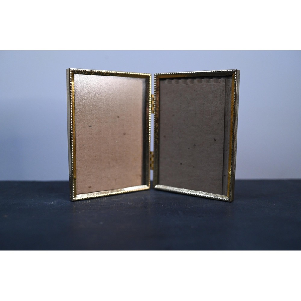 Vintage Double Brass Picture Frame 3.5x5 Beaded Gold Folding Tabletop Glass